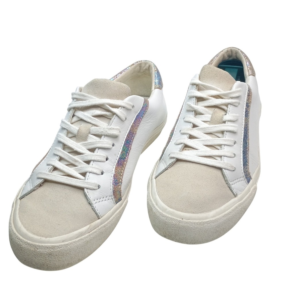 Madewell Sidewalk Low Top Sneakers White Leather Iridescent Glitter MB856 Sz 7.5